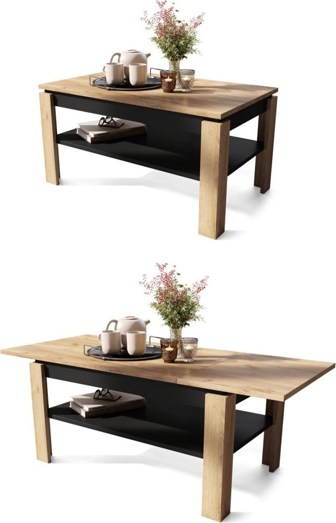 All4All Couchtisch Asti , R , Wohnzimmertisch , Kaffeetisch , mit Stauraum , Sofatisch mit Ablage , ausziehbar bis 140cm , 100x60cm , Gold Eiche + ...