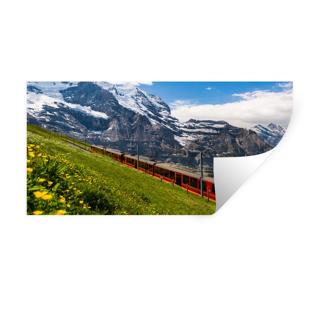 MuchoWow Wandtattoo Wandsticker Wandaufkleber Ein roter Zug in den Alpen 80x40 cm Selbstklebend und Repositionierbar - Aufkleber