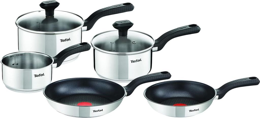 A set of cookware including pots and pans on a white background.