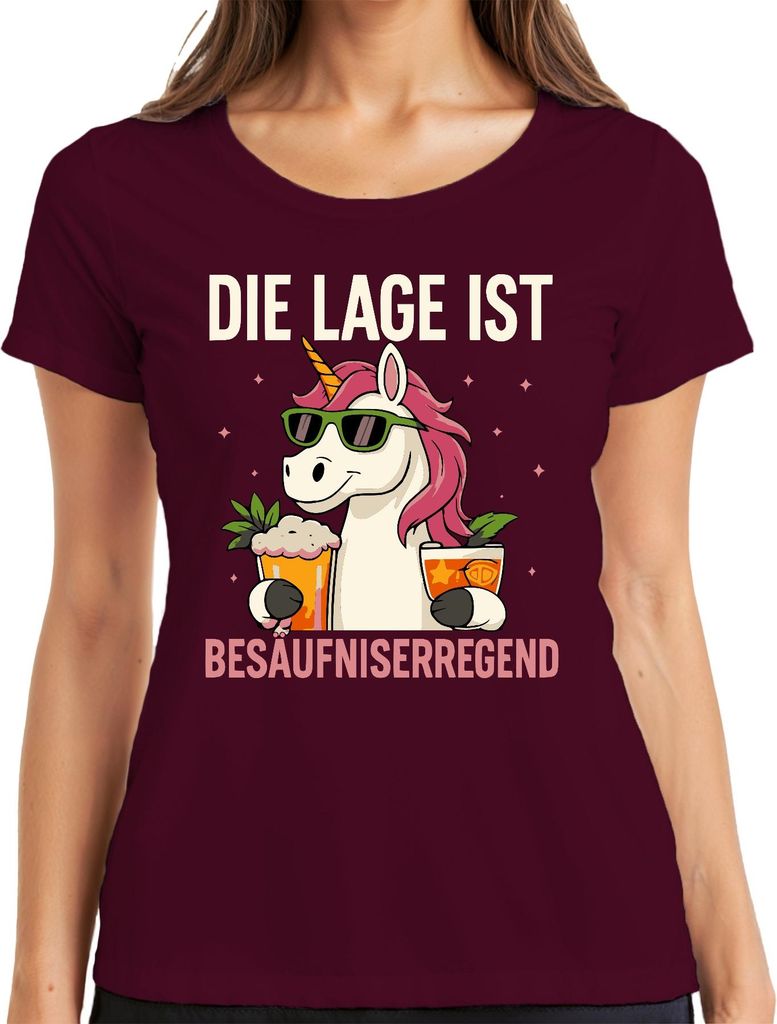 Die Lage ist besäufniserregend Einhorn Bier Party Cocktail Lustig Damen T-Shirt, Burgundy, M
