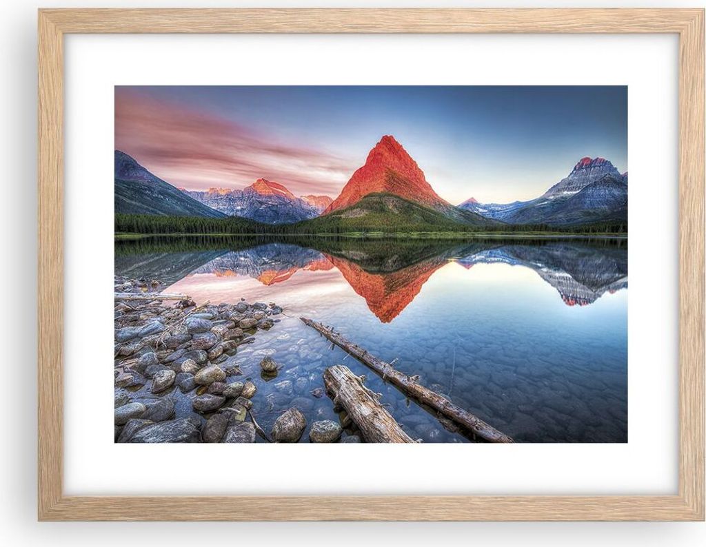 Gerahmtes Poster - Rahmen in heller Eiche - See Berge Spiegelung - 40x30 cm - Wand Bild - Wanddeko - Wandbilder - Wandposter - Bilderrahmen - Bilde...