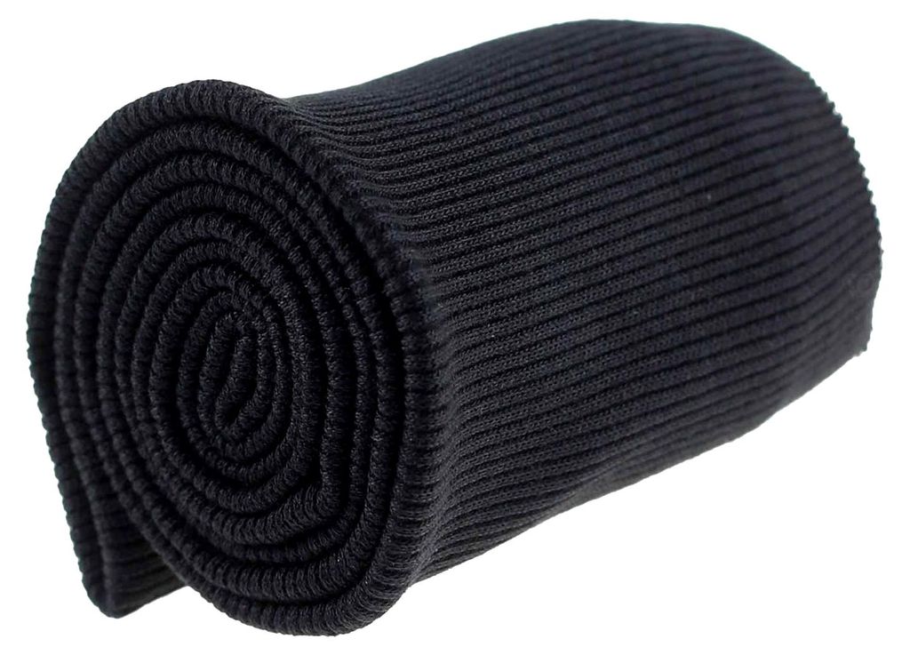 Aufgerolltes geripptes Strickbündchen in Schwarz, 16x80 cm – elastischer Bündchenstoff.