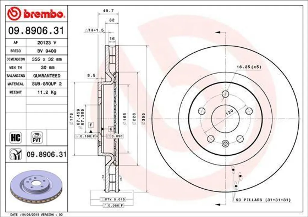 Disque de frein Brembo 09.8906.31 OE 22798838 pour Chevrolet Camaro