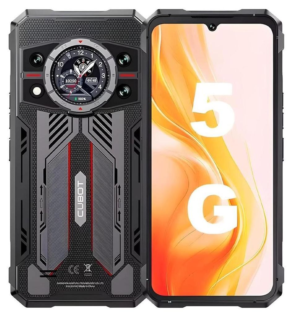 A rugged smartphone is displayed next to its screen, which shows the text '5G'.