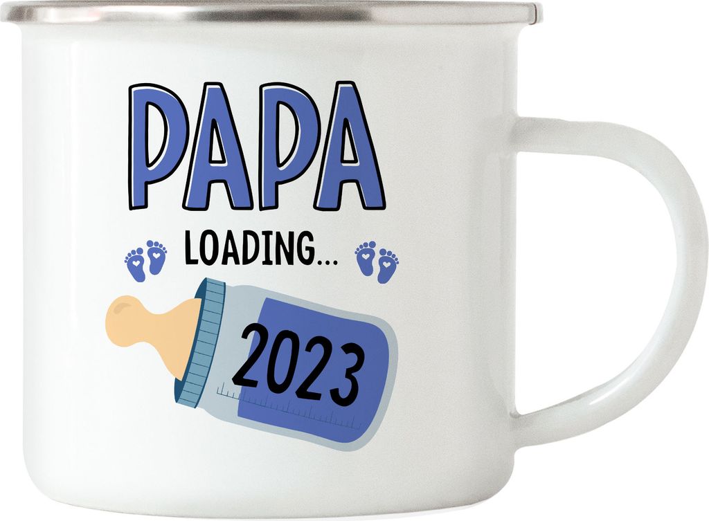Papa Loading 2023 Emaille Tasse Geschenk Werdende Väter Babynews mit Ladebalken Schwangerschaft Geschenkidee