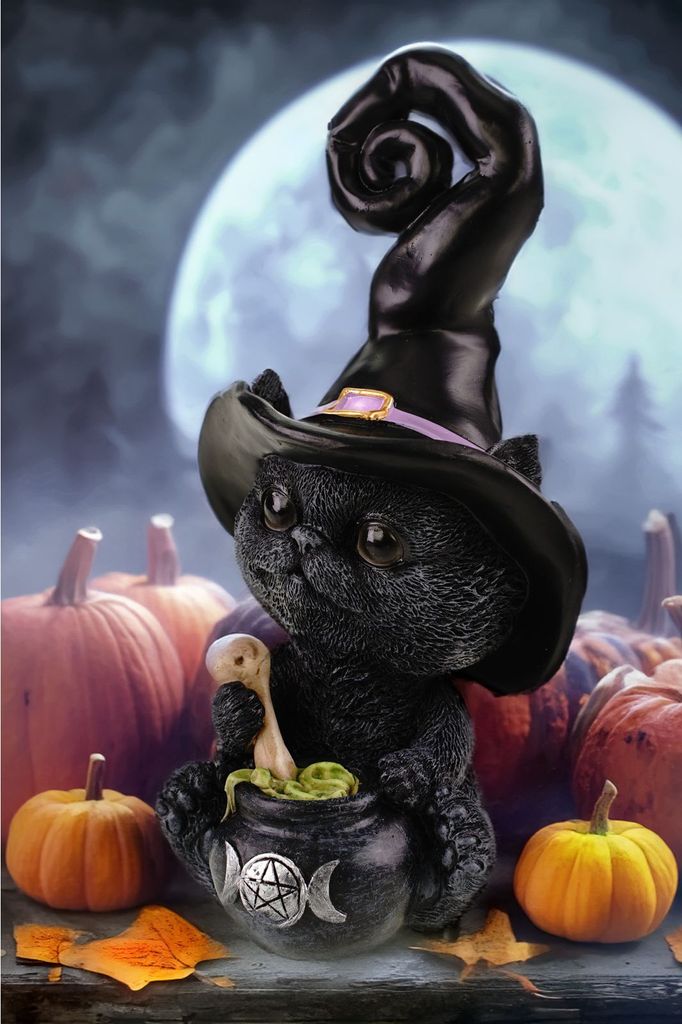 Schwarze Hexen Katze mit Hexenhut 18 cm - Gothic Dekofigur Okkult Katzendeko