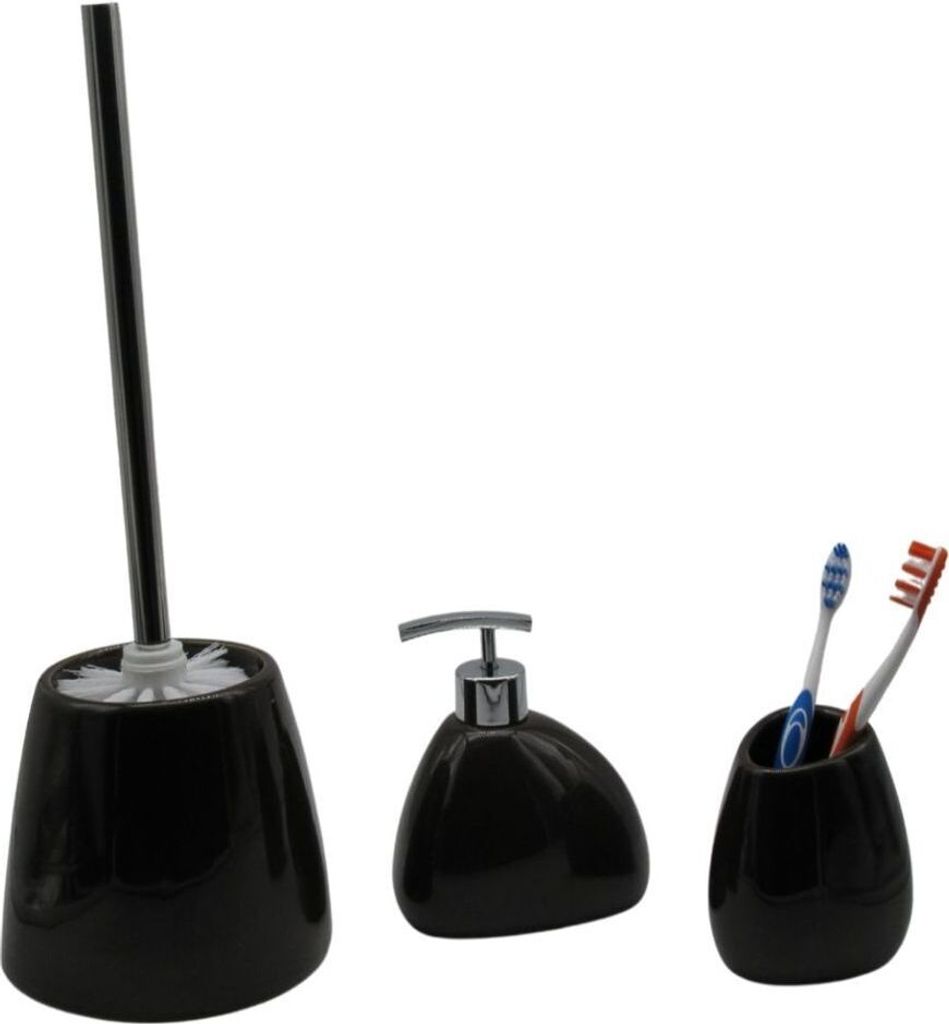 3tlg Set Bad Accessoires WC Bürste Seifenspender Zahnbürstenhalter Stone Braun