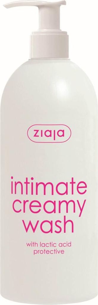 A white bottle of intimate wash with pink text and a pink logo.