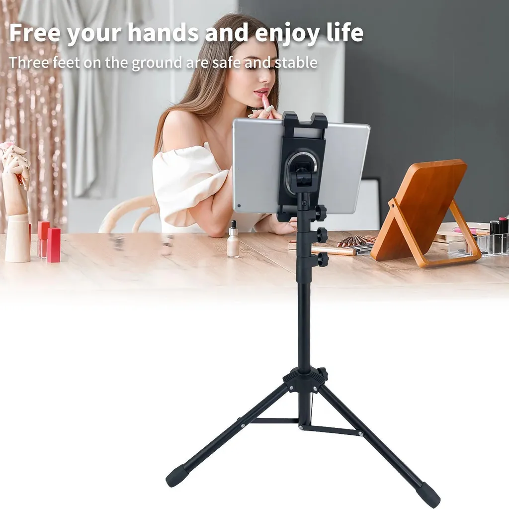 Supporto per tablet e smartphone - Treppiede da pavimento - Regolabile in altezza - Metallo - Per dispositivi da 20-33 cm - Verde oliva - 5