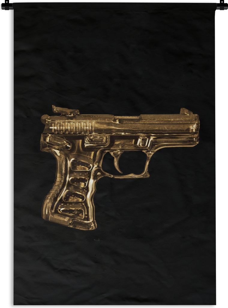 MuchoWow Wandteppich Wandbehang Pistole - Schwarz - Gold 90x135 cm Tapisserie Dekoration Wandtuch - Baumwolle - Wandskulptur