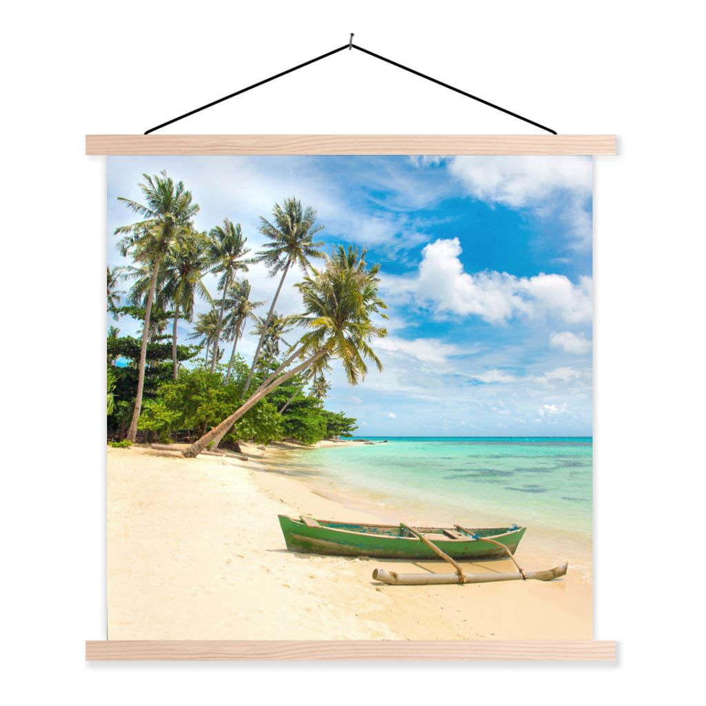 MuchoWow Textilposter Strand - Kanu - Palme - Tropisch 40x40 cm mit holzfarbenen Rahmen - Posterleiste