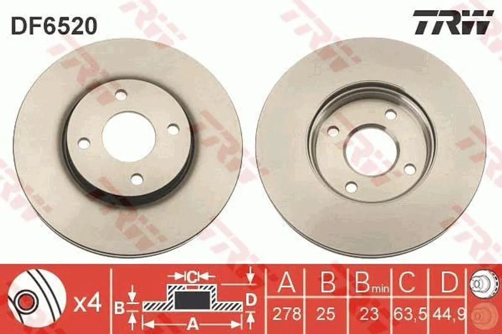 Disque de frein TRW DF6520 OE 5S6Y1125AA pour Ford Fiesta et Fusion