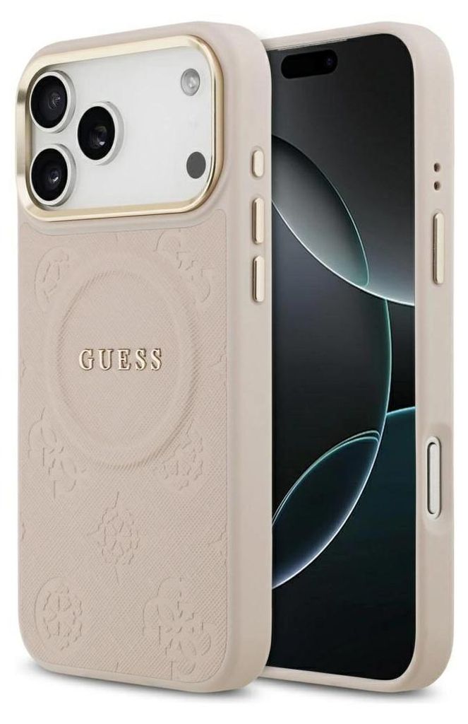 A close-up of a pink phone case with gold accents, showing the Guess logo and a textured pattern. The phone is partially visible inside the case.