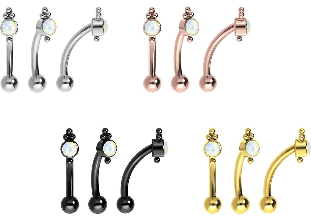 Bauchnabel-Piercing, Rook Piercing Titan Banane mit Push Fit SYNTHETISCHER OPAL + KUGELN Gold Stablänge: 8mm