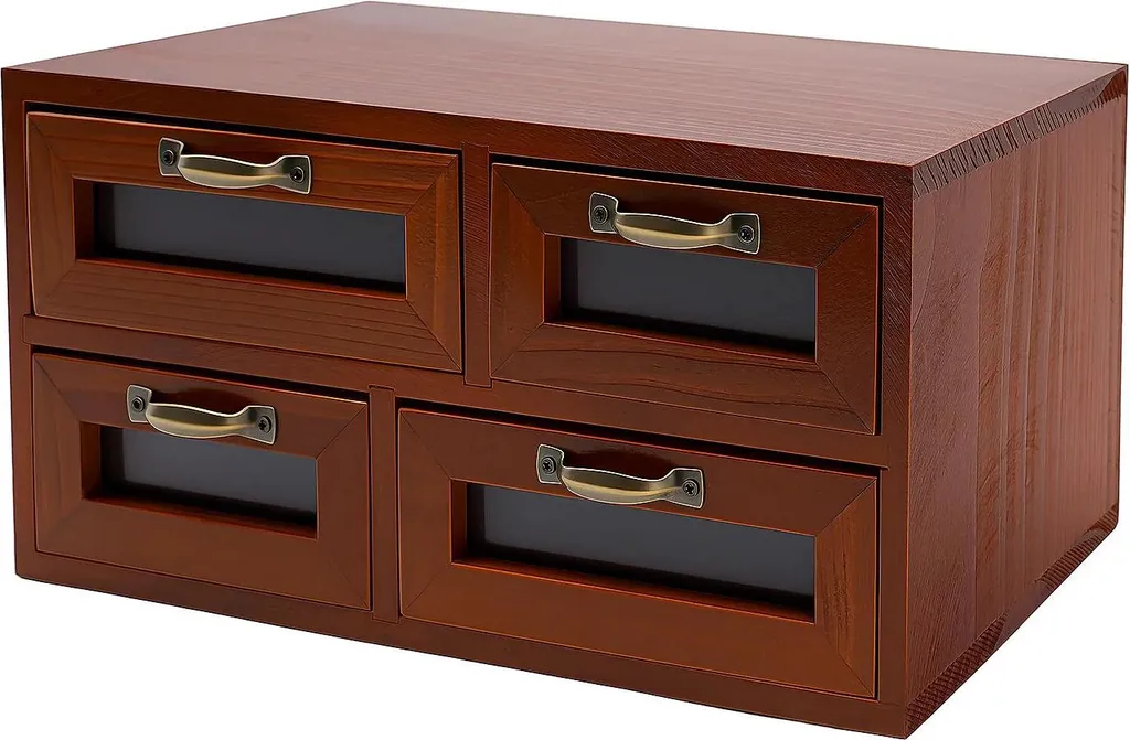 Petit meuble de rangement 4 tiroirs en bois foncé pour bureau et maison