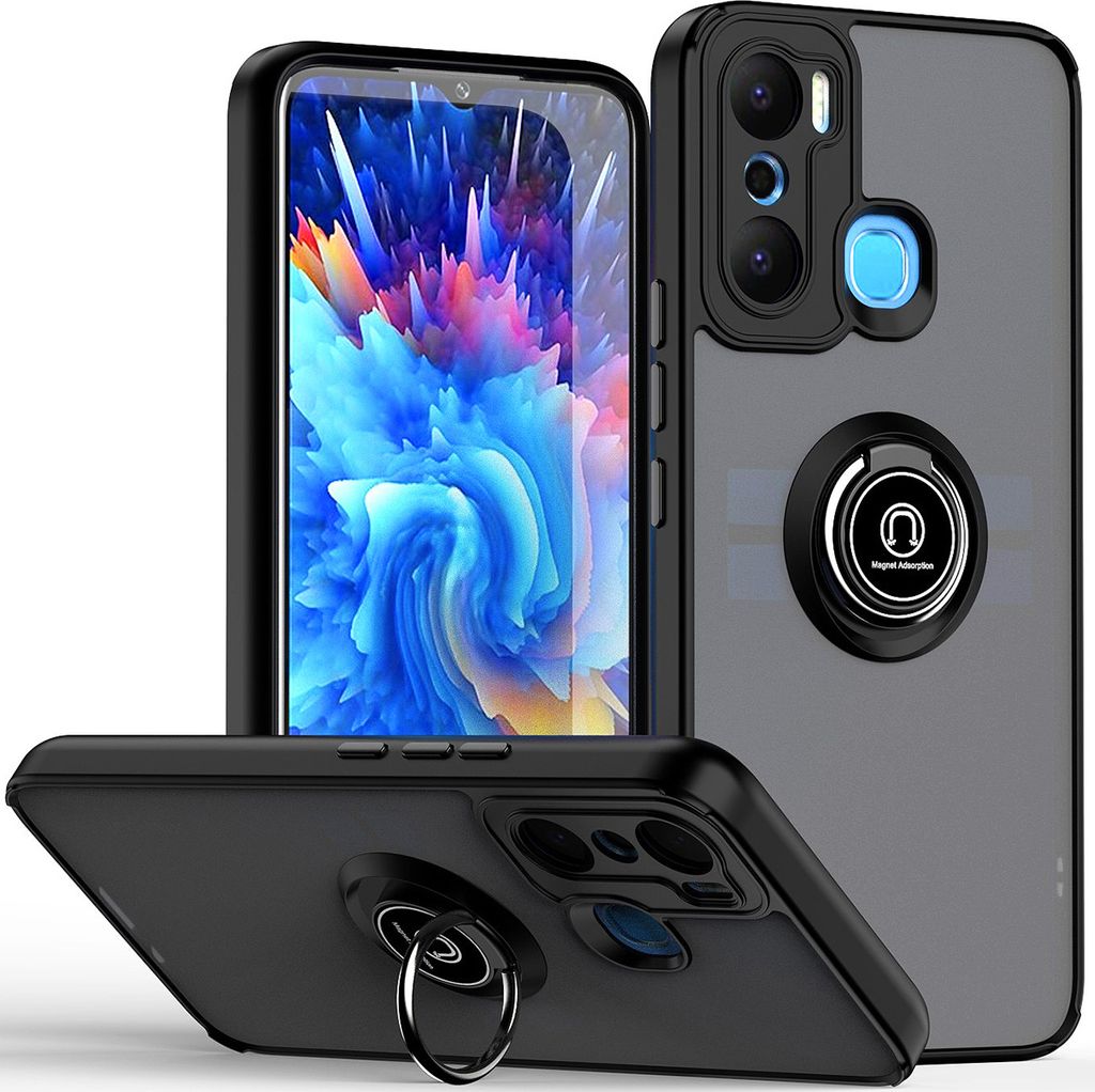 Infinix Hot 20 Play Hülle, Ring Halter Ständer Matte TPU Rahmen Stoßfest Schutzhülle für Infinix Hot 20 Play Schwarz
