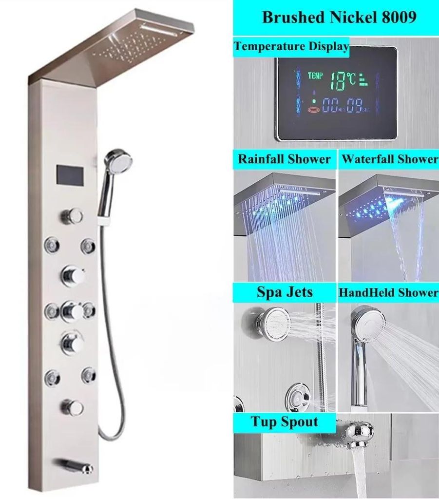 Duschpaneel - Modell 8009 - Regendusche & Wasserfall - LED mit digitaler Temperaturanzeige - Massagedüsen - 304 Edelstahl - Einhebelmischer Warm/K...