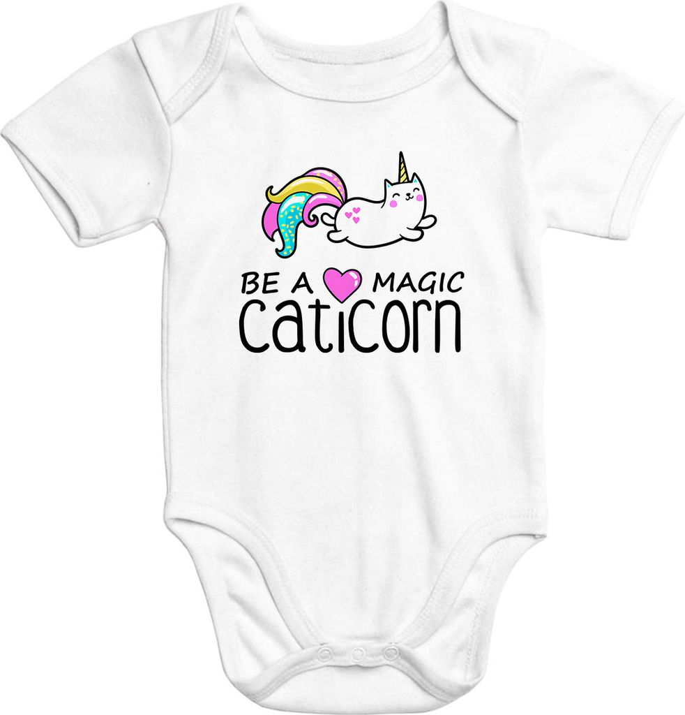 Baby Body Be a magic caticorn Aufdruck Onesie Einhorn Unicorn kurzarm Baumwolle Moonworks 0-3 Monate
