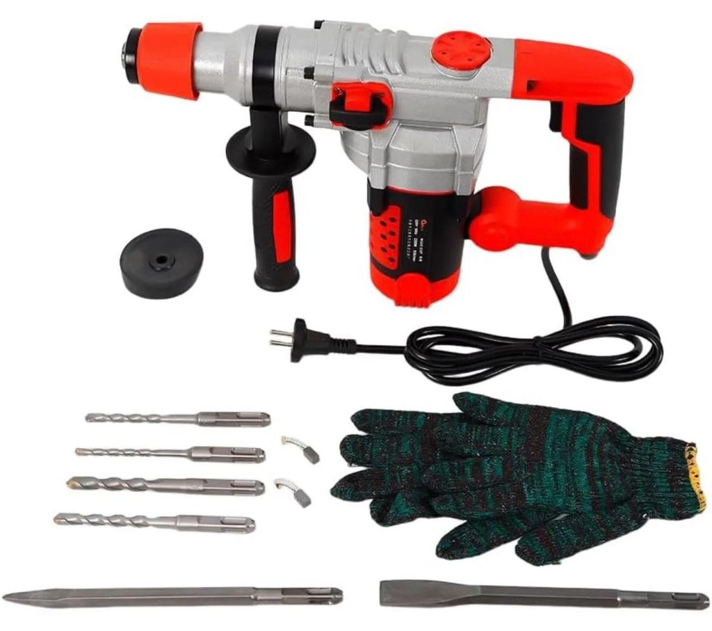 Bohrhammer - Schlagbohrmaschine - 2200 W 220 V - 0–930 U/min - 5 J Schlagenergie - 1,8 m Kabel - Set mit 6 Bohrkronen + Handschuhen für Metall, ...