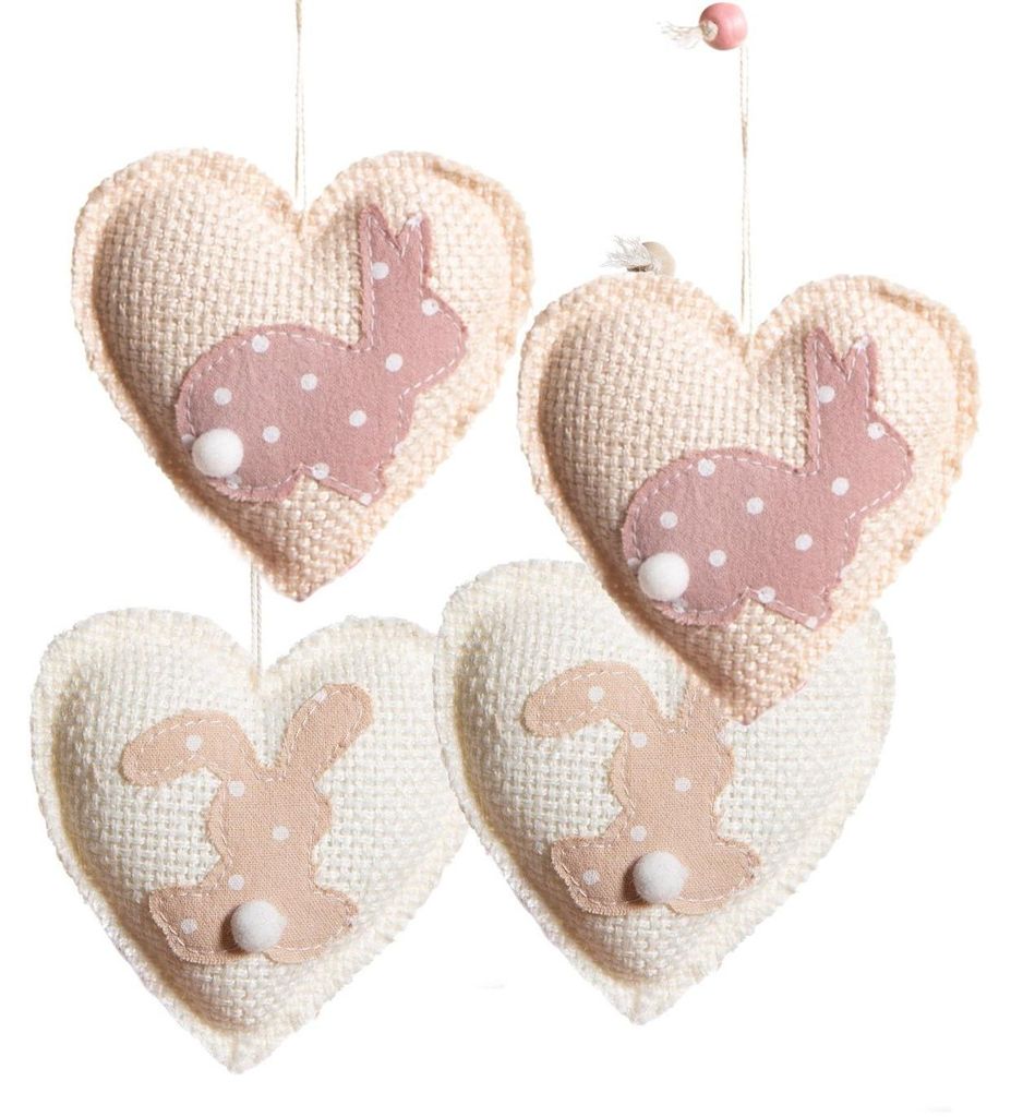 4 Herz Anhänger mit Osterhasen rosa beige 10 cm