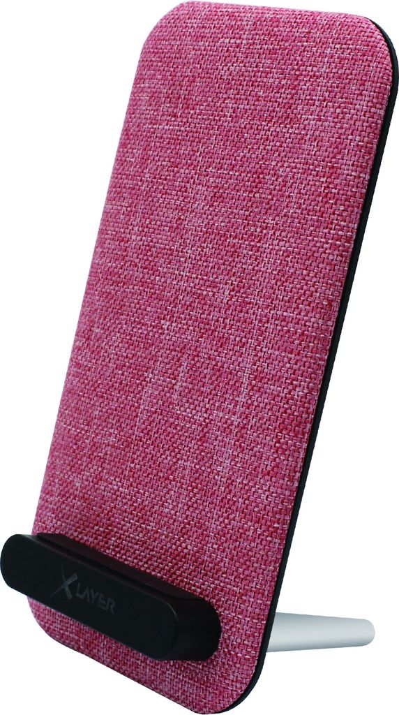 A pink wireless charger stand on a white background.