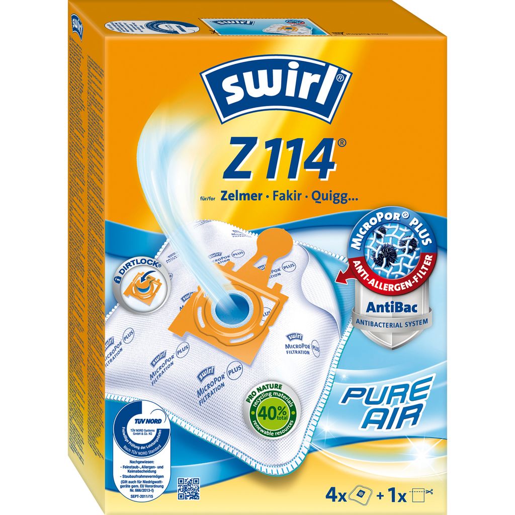A product package for Swirl Z 114 vacuum cleaner bags.