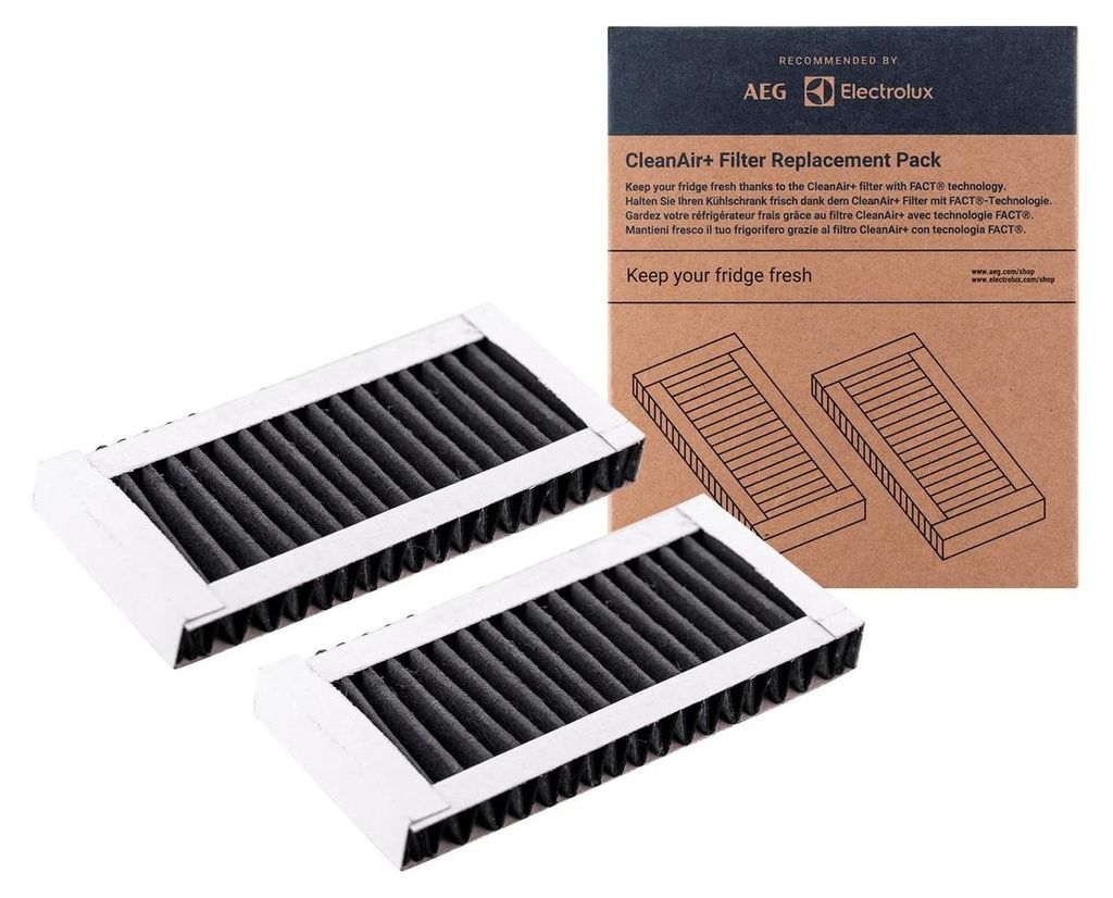 A product shot of two refrigerator air filters and their packaging.
