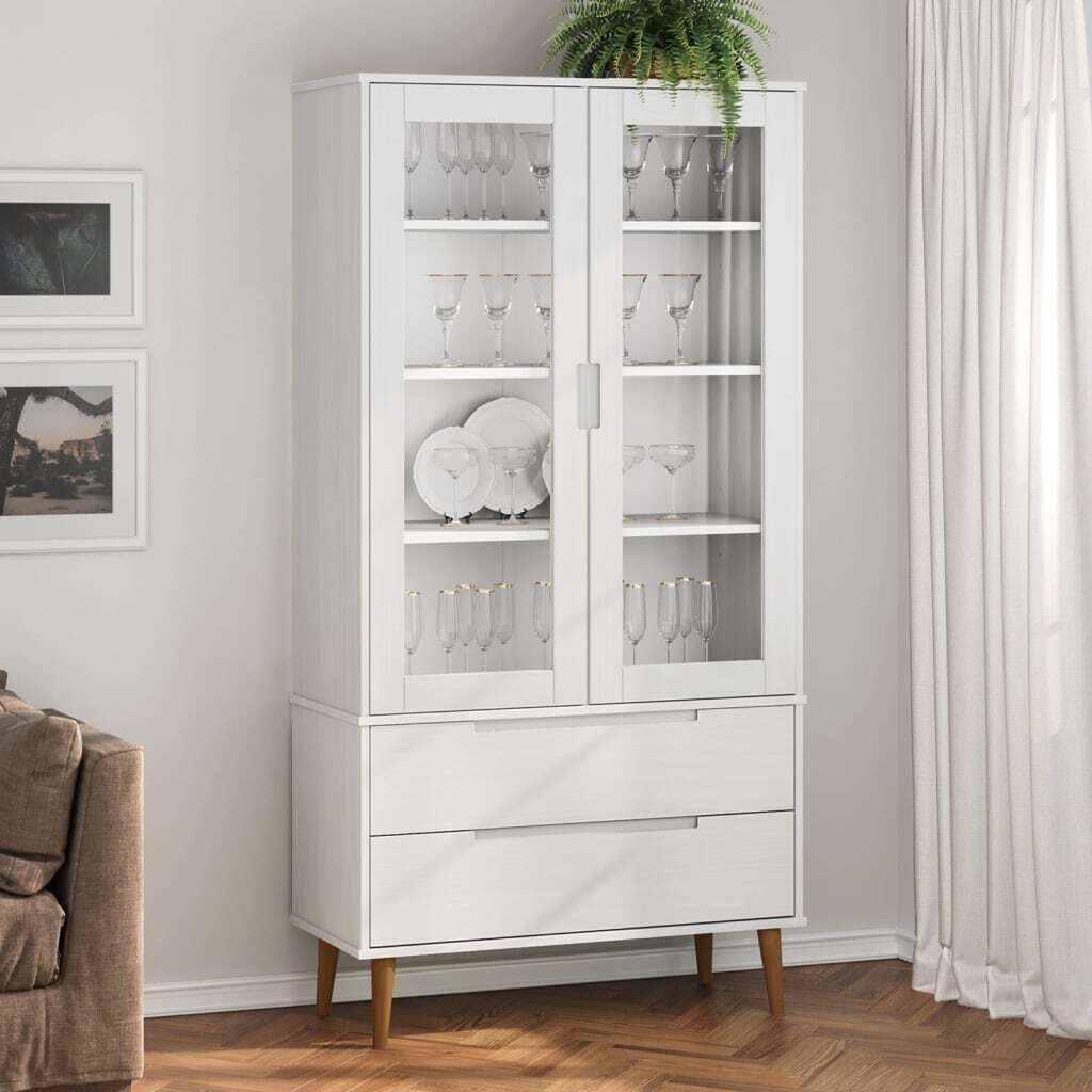CLORIS Vitrinenschrank MOLDE Weiß 90x35x175 cm Massivholz Kiefer, 43 kg