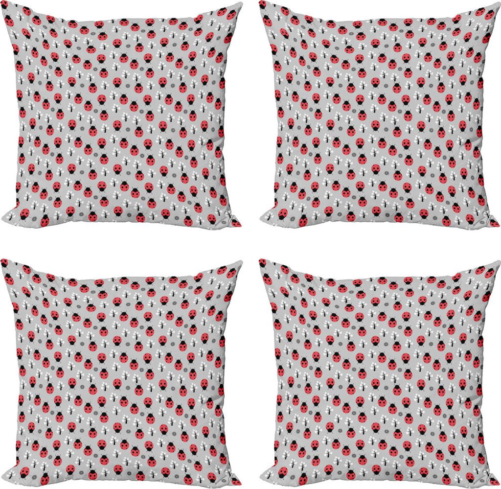 ABAKUHAUS Marienkäfer Kissenbezug Set (4 Stück), Bug-Baum-Blumen, Moderner Doppelseitiger Digitaldruck, 60 cm x 60 cm, Grau Dunkel Coral Schwarz