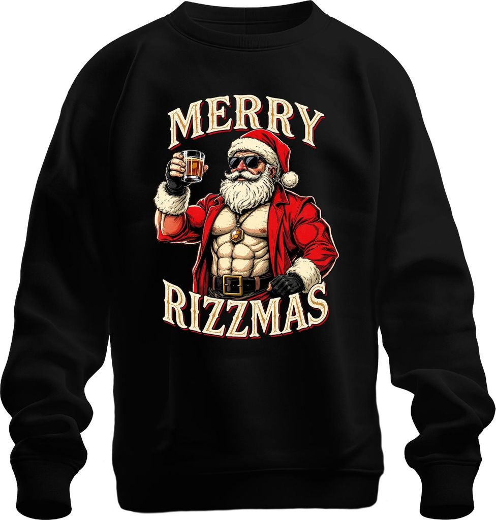 MERRY RIZZMAS Weihnachtsmann Whisky Muskel Fitness Lustig Retro Uni Sweatshirt Pullover, Schwarz, 3XL