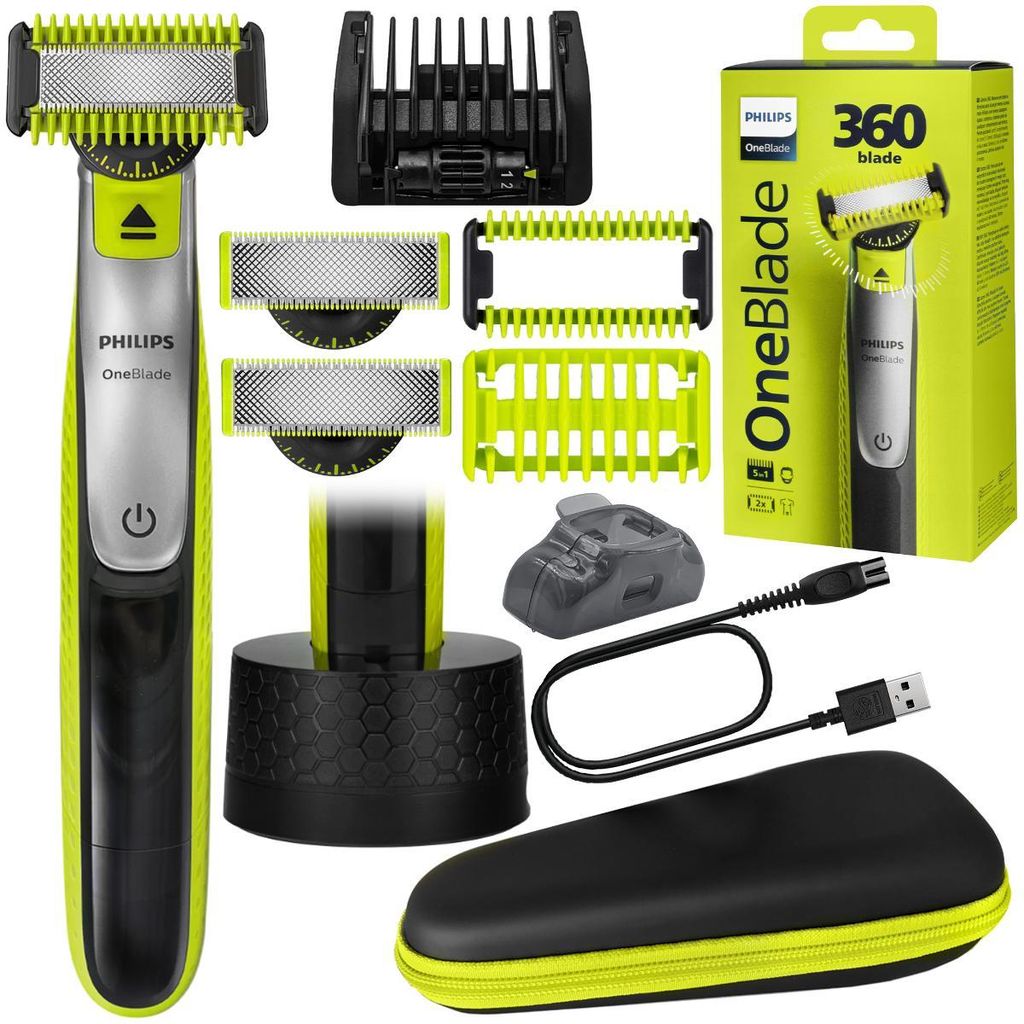 Philips OneBlade QP2834/23 Rasierer + Etui + Ladestation für Philips, Grün/Schwarz, 360° Klinge