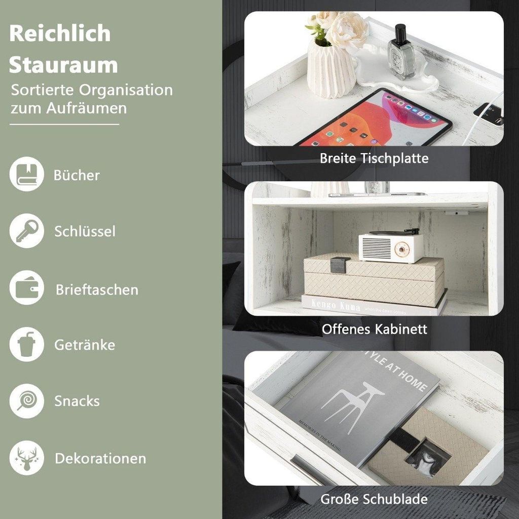 LED-Nachttisch Intelligenter Nachtschrank mit 2 USB-Anschlüssen Weiß