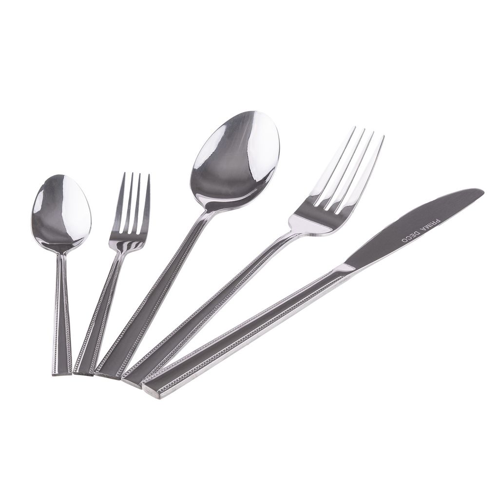 A set of stainless steel cutlery arranged diagonally on a white background.