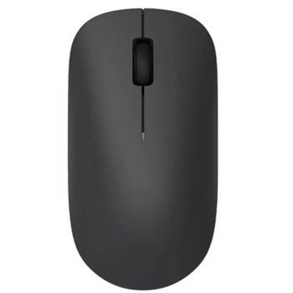 A top-down view of a black wireless computer mouse.