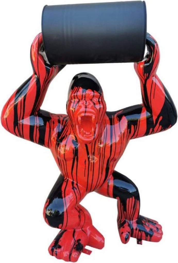 Casa Padrino Luxus Deko Skulptur Gorilla Affe mit Fass Rot / Schwarz H. 140 cm - Große Deko Figur - XXL Deko Skulptur - XXL Deko Figur - Wohnzimme...