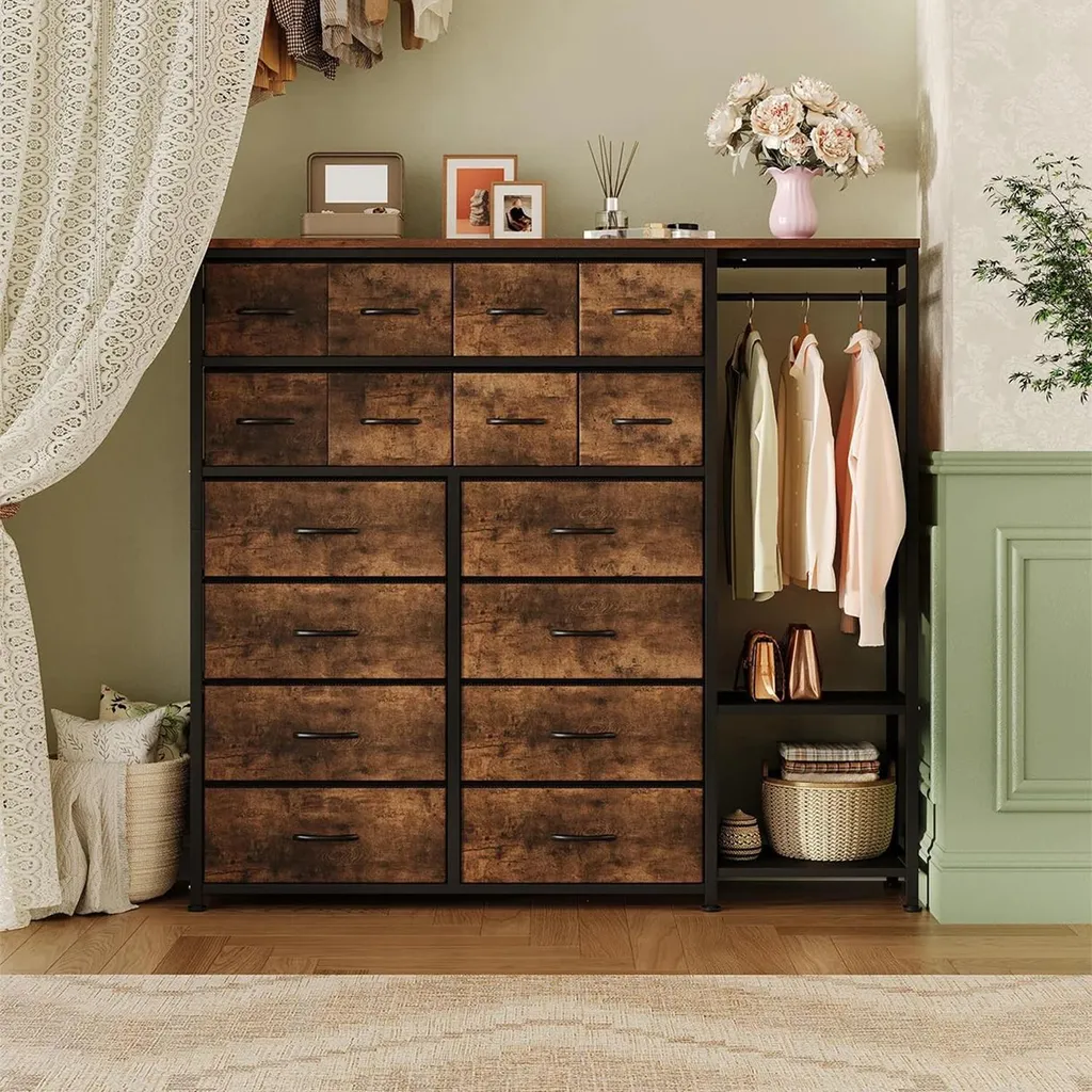 Commode 16 tiroirs avec penderie et structure métal marron robuste - 8