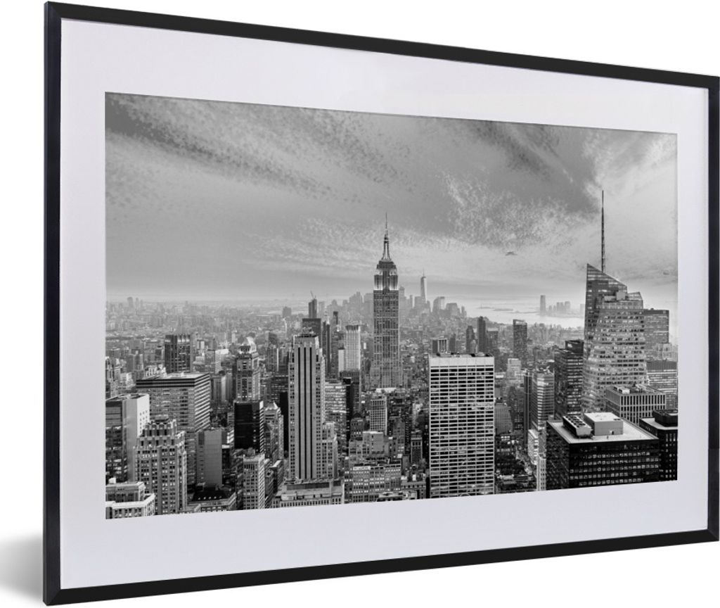 MuchoWow Gerahmtes Poster New Yorker Skyline bei Sonnenuntergang - schwarz und weiß 60x40 cm - Poster mit Schwarzem Bilderrahmen Wandposter Rahm...