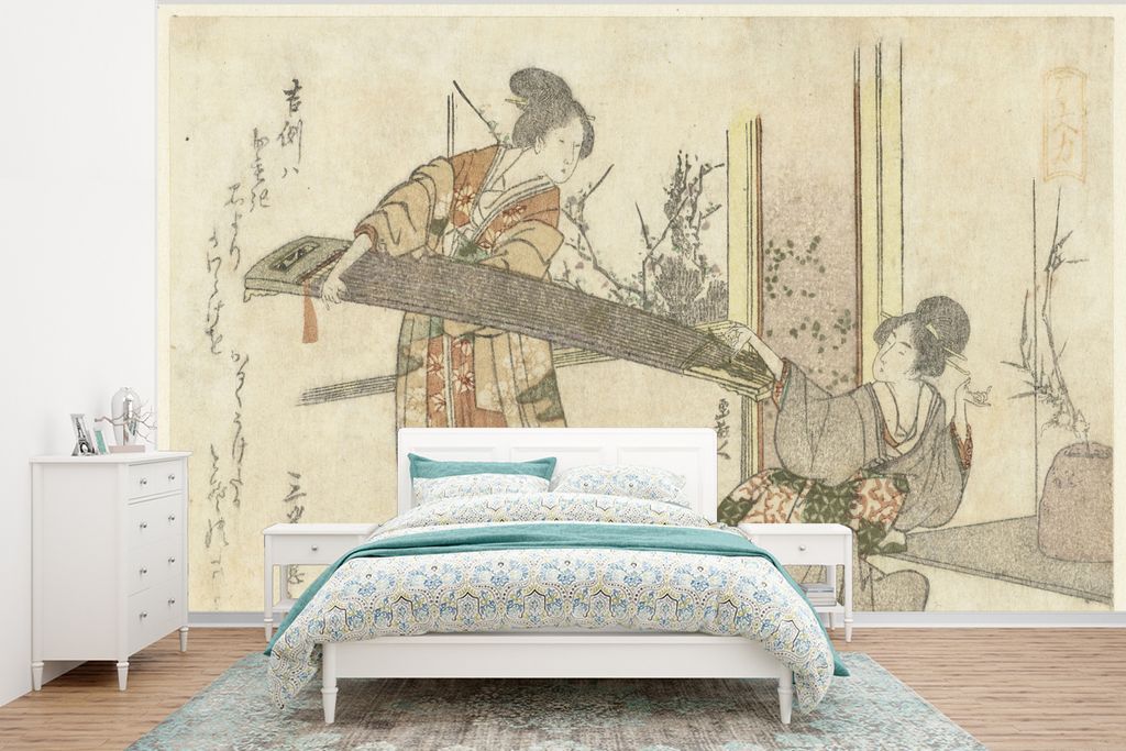 MuchoWow Fototapete für Wohnzimmer oder Schlafzimmer Wandtapete Vinyl Motivtapete Zwei Frauen mit einer Koto - Gemälde von Katsushika Hokusai -...
