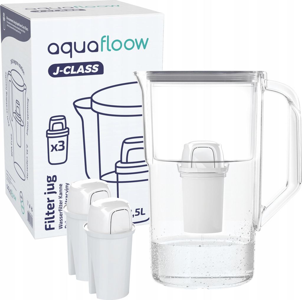 AquaFloow Wasserfilter Kanne 2,5L Grau + 3 Filterkartuschen – Trinkwasserfilter reduziert Kalk Chlor Blei Kupfer