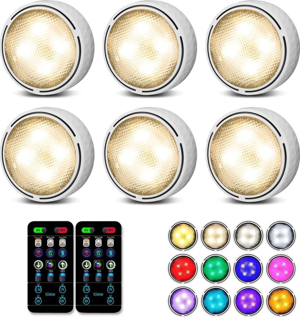 MODFU 6er Set RGB LED Schrankleuchte Unterbauleuchte Schrankbeleuchtung Nachtlicht mit Fernbedienung Schrankbeleuchtung Batterie Timer 16 Farben
