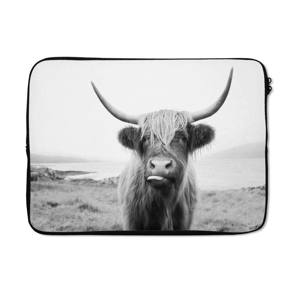 MuchoWow Laptop Hülle 13 Zoll Tiere - Schottischer Highlander - Kuh - Schwarz - Weiß Laptoptasche - Laptophülle - Sleeve - Rundumschutz