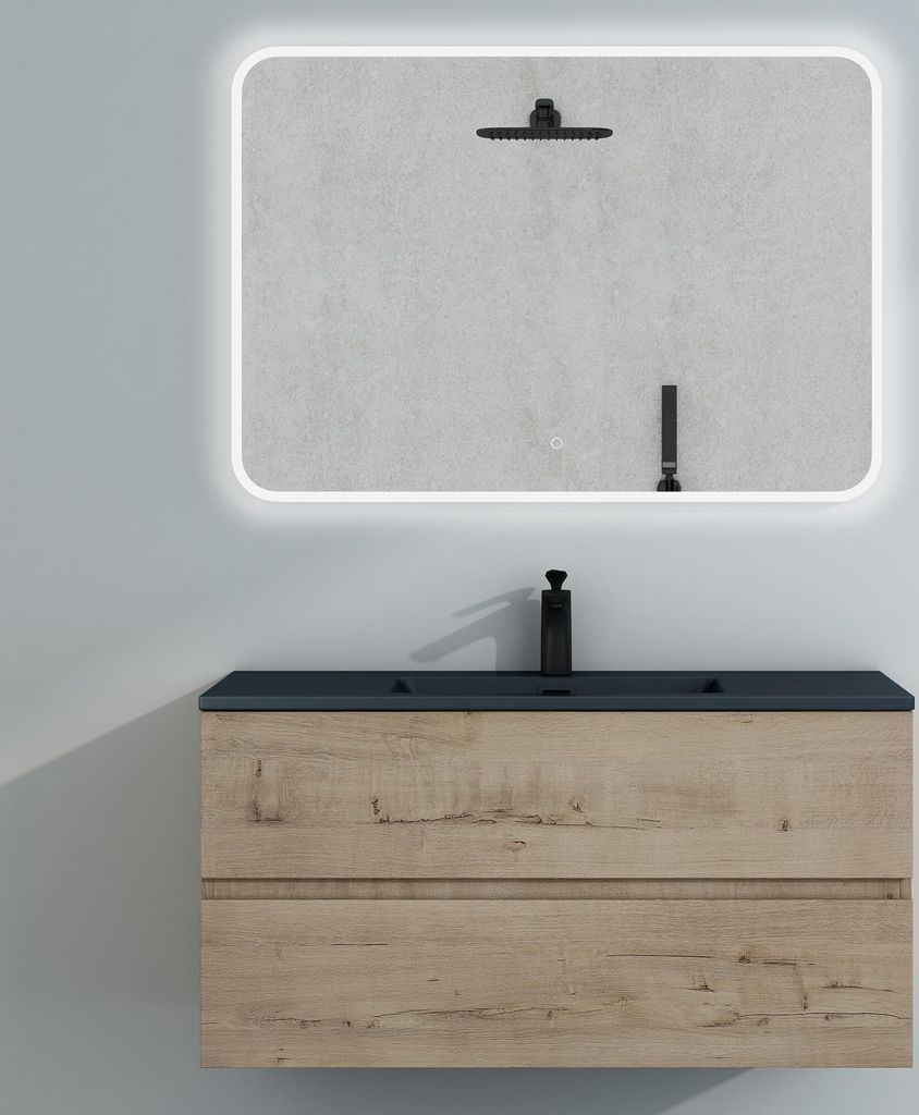 Mai & Mai Badmöbel-Set Waschtisch mit Unterschrank Mineralguss Waschbecken in Anthrazit Waschbeckenunterschrank 100x48x50cm Eiche Greige 2-Schubla...