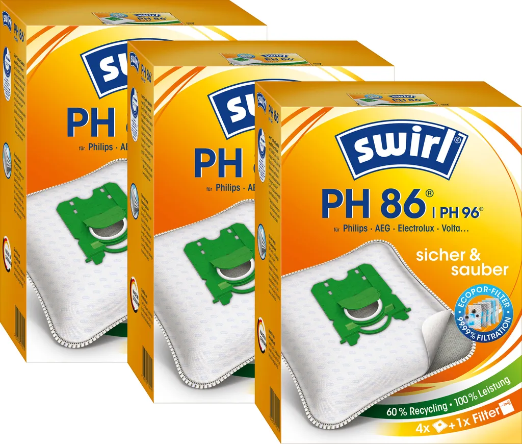 Swirl PH 86 / PH 96 - Sacs Aspirateur MicroPor Plus Anti-Allergènes Pour Philips, AEG, Electrolux, Volta - 4 Sacs + 1 Filtre