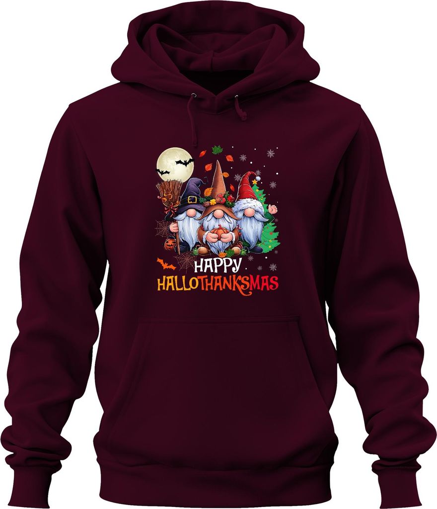Happy Hallothanksmas Gnom Halloween Erntedank Weihnachten Vintage Uni Hoodie Kapuzenpullover, Burgundy, XXL