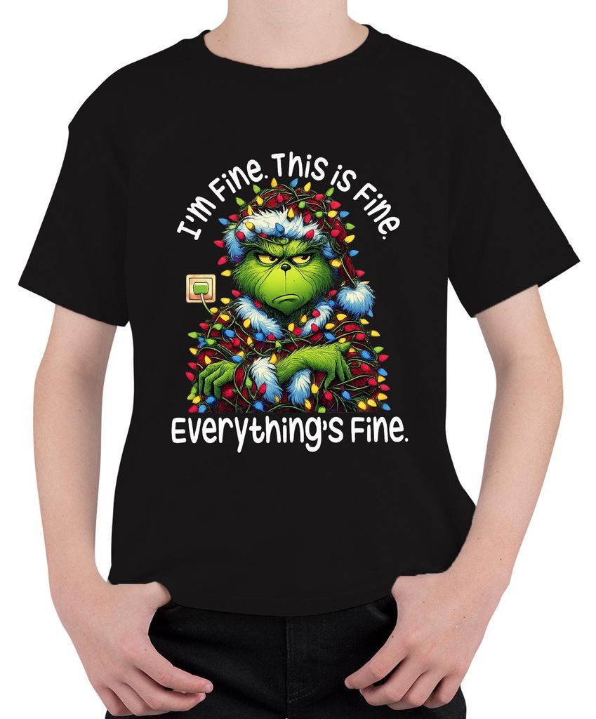 Grinch I'm Fine This Is Fine Everything's Fine Weihnachten lustig Uni Kinder T-Shirt, Schwarz, 128