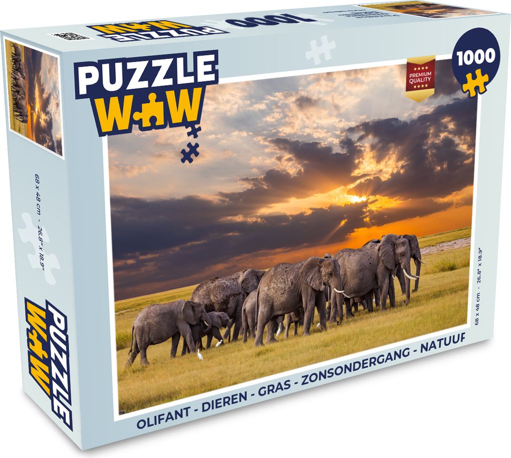 MuchoWow Puzzle 1000 Teile Elefant - Tiere - Gras - Sonnenuntergang - Natur - Erwachsene - Rätsel