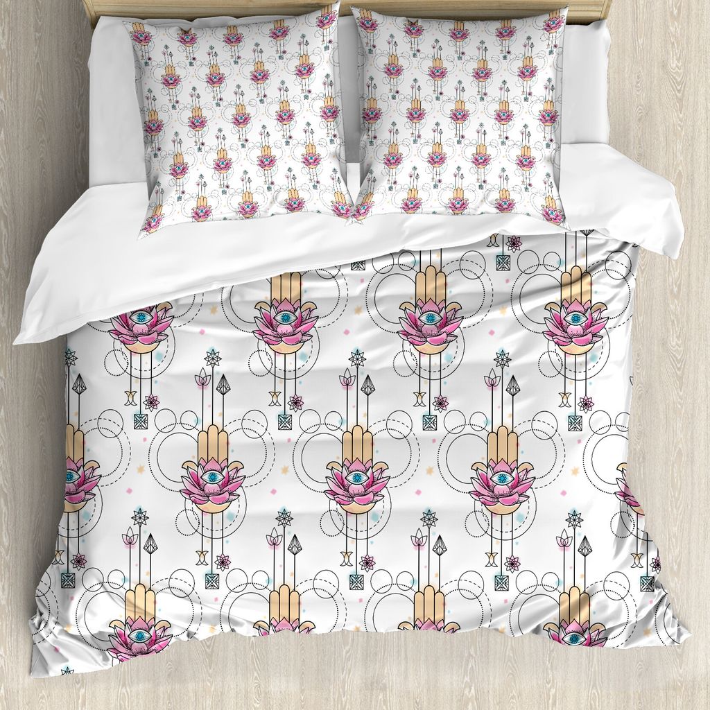 ABAKUHAUS Hamsa Bettbezug, Alles sehende Auge Ethnic, Milbensicher Allergiker geeignet mit Kissenbezügen, 155 cm x 220 cm - 80 x 80 cm, Pfirsich-R...