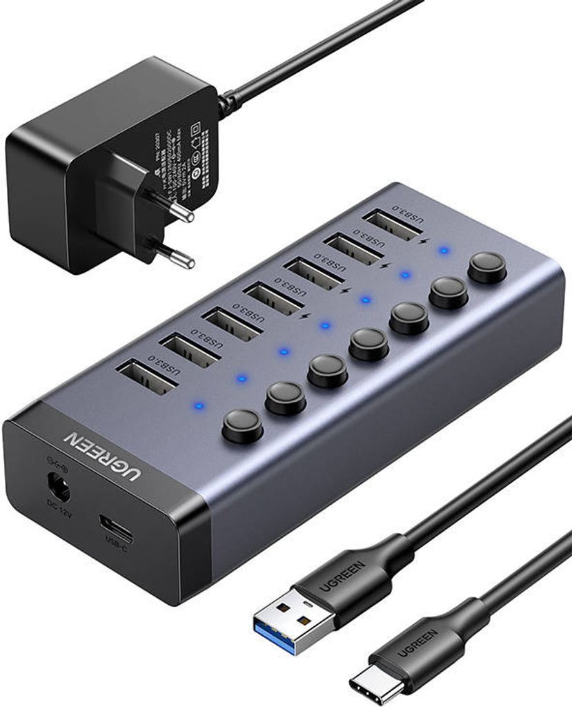 Ugreen Hub USB-C na 7x USB-A 3.0, PD, DC 12V - šedá Obrázok produktu 