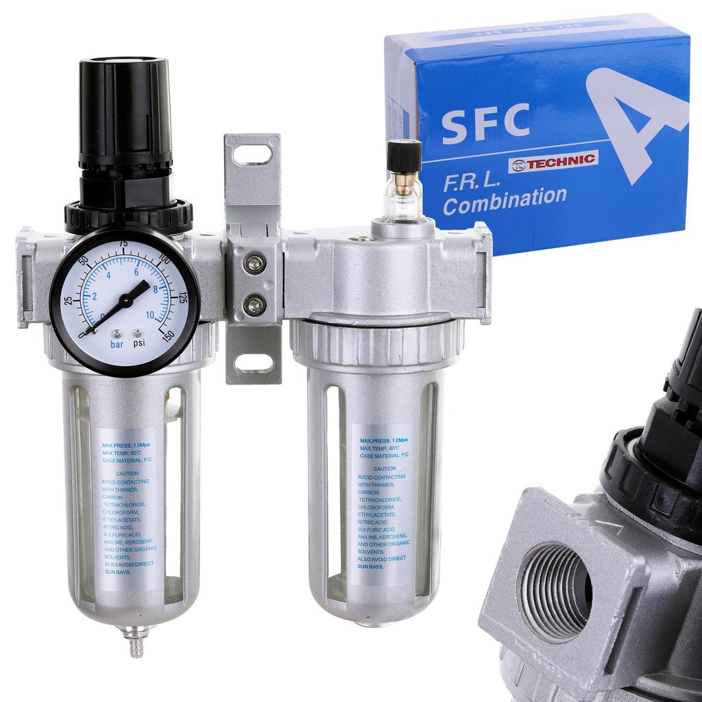 Druckminderer, Filter, Wasserabscheider und Schmiervorrichtung für Kompressor, 40 μm, 1/2", pneumatisch