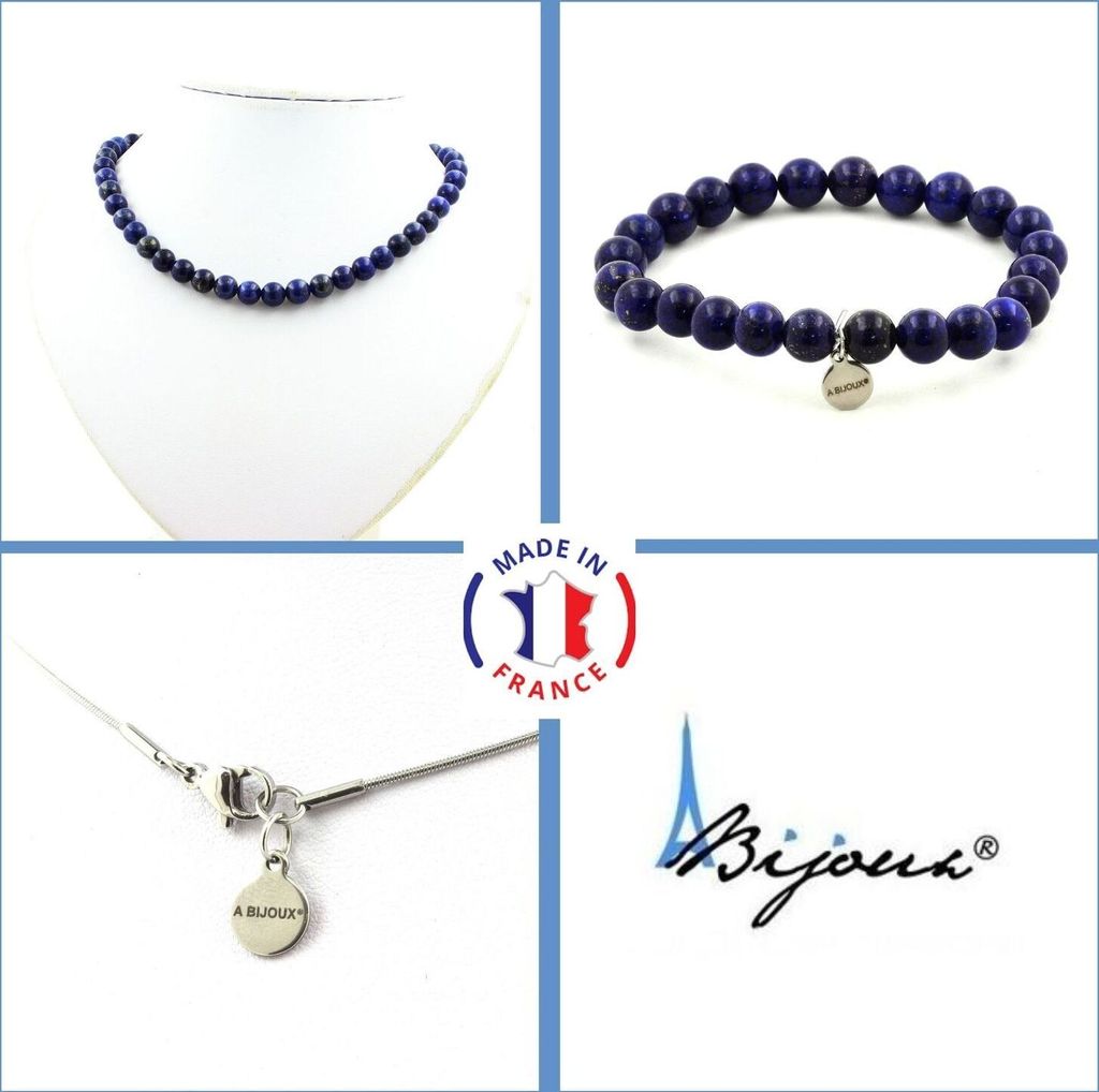 Schmuckset Armband Halskette Lapislazuli Perlen 8 mm Edelstahlkette